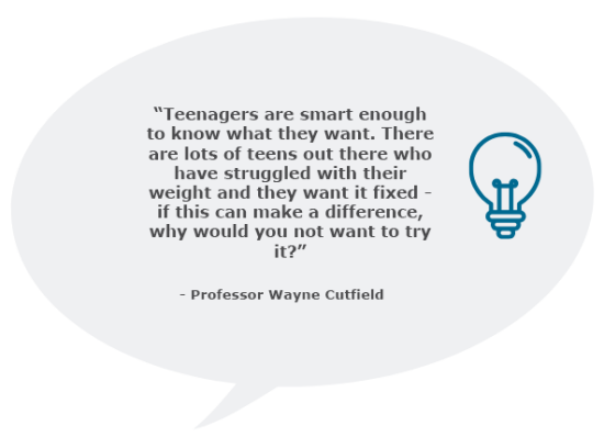 Speech bubble with the following quote: "Teenagers are smart enough to know what they want. There are lots of teens out there who have struggled with their weight and they want it fixed - if this can make a difference, why would you not want to try it?"